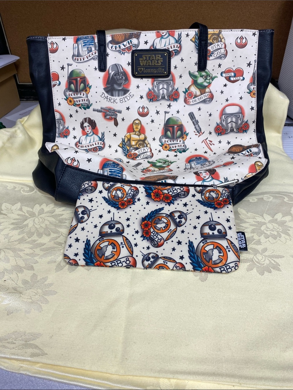Loungefly Cream & Black Star Wars Character Tote with BB-8 Pouch
